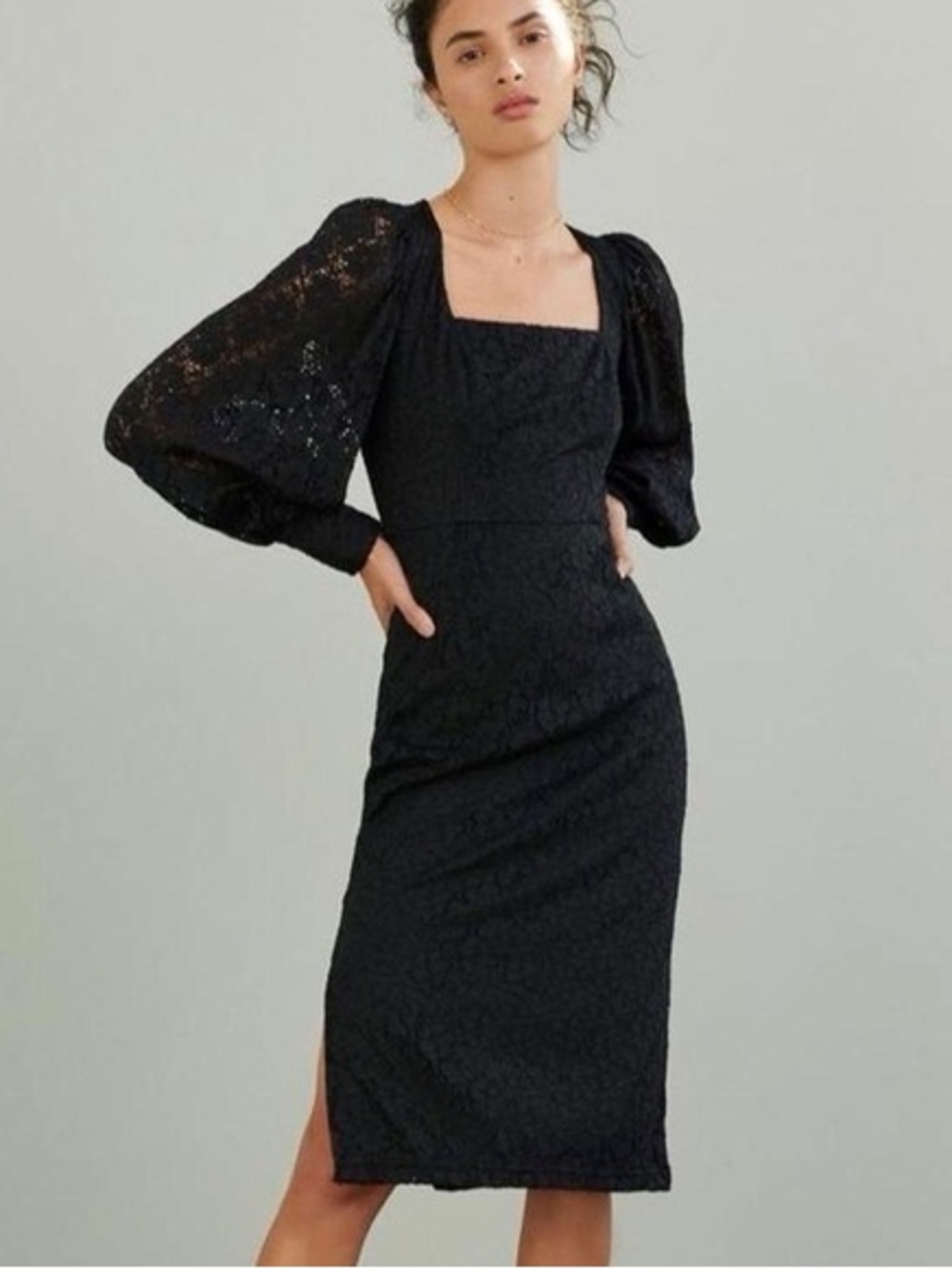 Anthropologie Hutch Dolly Lace Midi Dress with Puffed Sleeves Black L